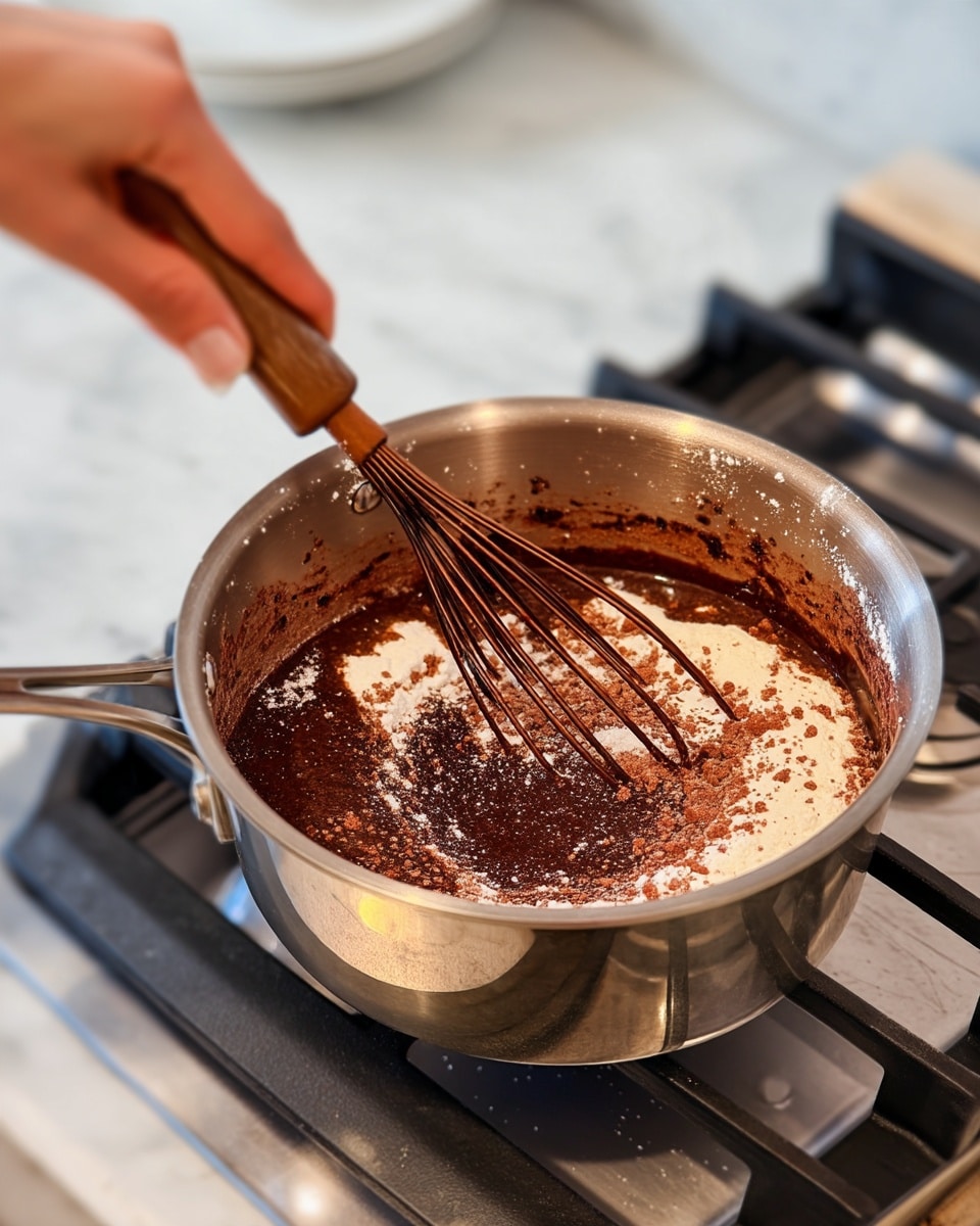A close-up view of a silver metal pot on a stove, filled with a mix of dark brown and light brown dry powder ingredients being stirred with a wooden-handled whisk held by a woman's hand at the top left. The mixture shows distinct patches of loose powder and partially mixed chocolate-colored batter with a slightly grainy texture, sitting above a silver stove with black grates, all on a white marbled surface. photo taken with an iphone --ar 4:5 --v 7