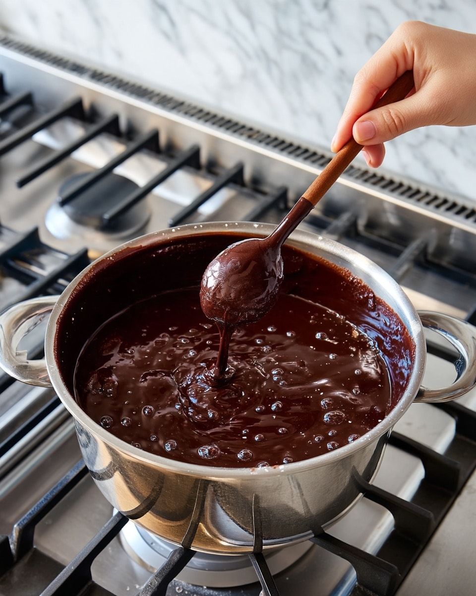 A large silver pot filled with thick, dark brown chocolate sauce that appears to be bubbling and stirring on a gas stove. The sauce is glossy with small bubbles and ripples on the surface. A woman’s hand holds a small brown spatula, stirring the sauce from the side, lifting a thicker, glossy swirl in the middle. The pot is placed on top of metal grates of the stove, and the background shows a white marbled texture. photo taken with an iphone --ar 4:5 --v 7