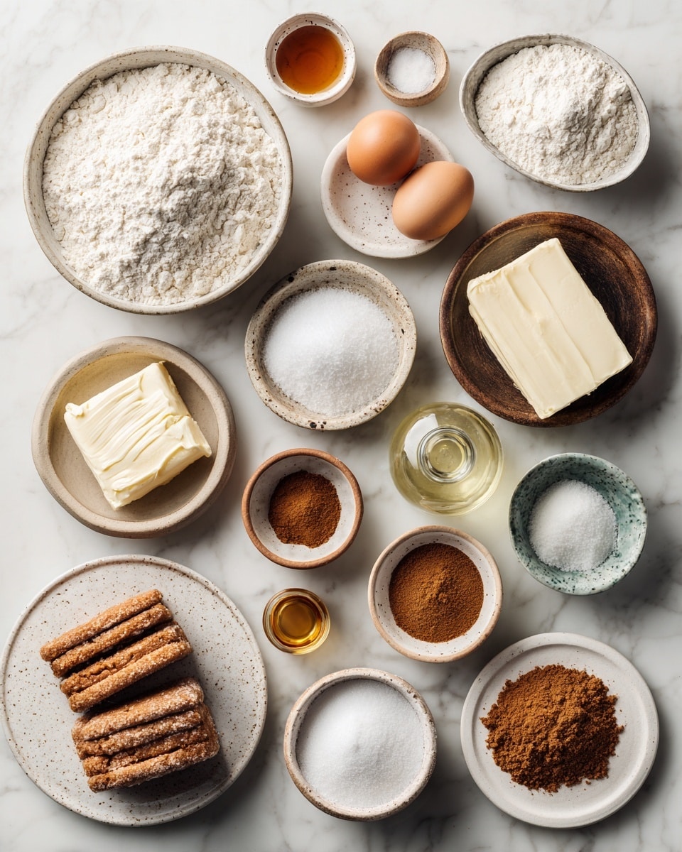 Top-down professional food photography, flat lay style, bright white marble countertop, neatly arranged, evenly spaced, tidy, clean organized layout, include: bowl of all-purpose flour, small bowl of baking powder, small bowl of ground cinnamon, small bowl of salt, small plate with unsalted butter, small bowl of granulated sugar, small bowl of brown sugar, small plate with large egg, small glass bottle of vanilla flavoring, small bowl of brown sugar for filling, small bowl of ground cinnamon for filling, bright soft natural lighting, sharp focus, high detail textures, realistic reflections, professional DSLR look, 4K, no finished dish, no cooked food, no hands, no text, no watermark, no brand logos --ar 4:5 --v 7
