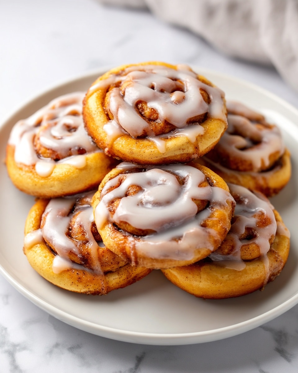 A plate with several cinnamon rolls stacked on top of each other, each roll showing visible spiral layers of golden brown dough with a swirl of cinnamon filling inside. The rolls are topped with a shiny, smooth white glaze that drips slightly over the edges, giving a moist look. The plate is white, placed on a white marbled surface with a soft blurred background. photo taken with an iphone --ar 4:5 --v 7