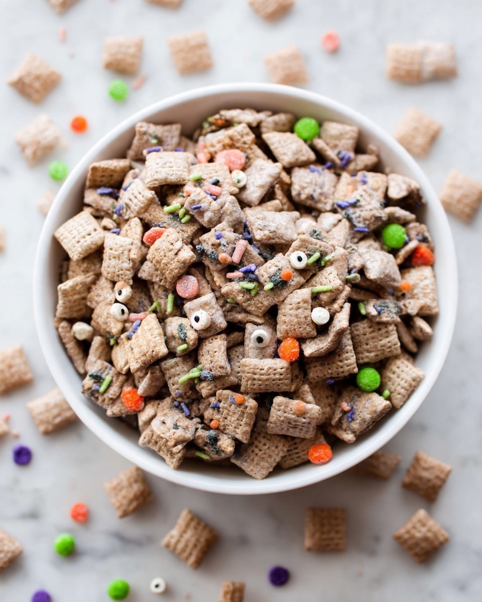 A large white bowl filled with many small square cereal pieces that are light brown and textured. Scattered throughout the cereal are small colorful sprinkles in green, orange, and purple, as well as tiny round candy eyes in white with black centers. The bowl is placed on a white marbled surface, and a few cereal pieces have spilled slightly outside the bowl. The image shows the cereal piled high with a rough texture and bright, playful colors mixed in. photo taken with an iphone --ar 4:5 --v 7