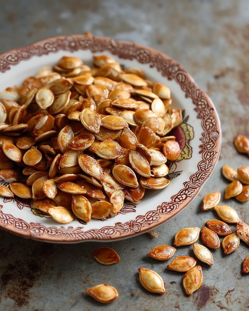 A top view of a white plate with brown floral patterns around the edge, filled with a large pile of shiny, roasted pumpkin seeds that have a golden brown color and glossy texture. A few seeds are scattered beside the plate on a dull, worn surface. The seeds look crispy and toasted. photo taken with an iphone --ar 4:5 --v 7