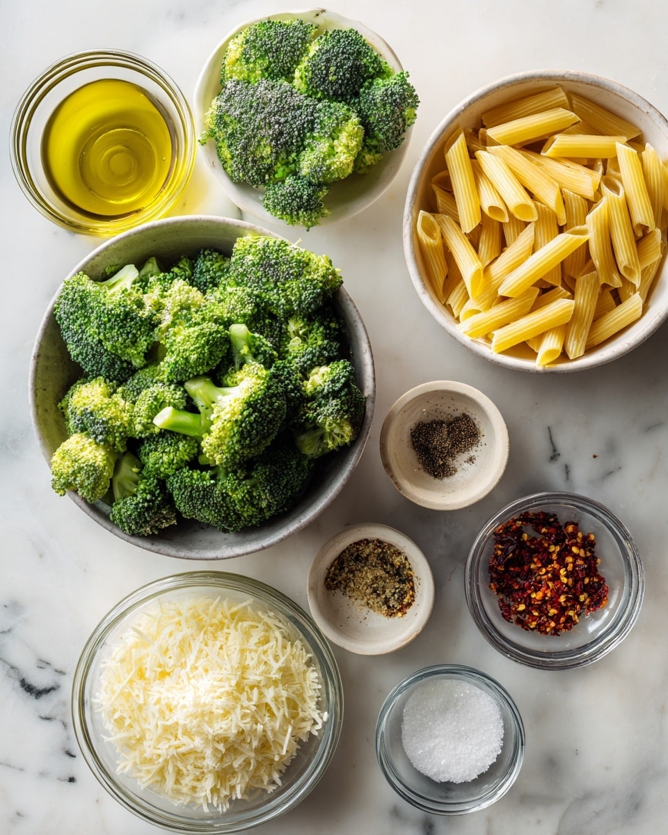 Top-down professional food photography flat lay style, bright white marble countertop, neatly arranged, evenly spaced, tidy, clean organized layout, include: bowl of trimmed broccoli florets, small glass cup of extra virgin olive oil, small bowl of minced garlic, small bowl of crushed red pepper flakes, small bowls of salt and black pepper, bowl of dry penne pasta, small bowl of freshly grated parmesan cheese, bright soft natural lighting, sharp focus, high detail textures, realistic reflections, professional DSLR look, 4K, no finished dish, no cooked food, no hands, no text, no watermark, no brand logos --ar 4:5 --v 7