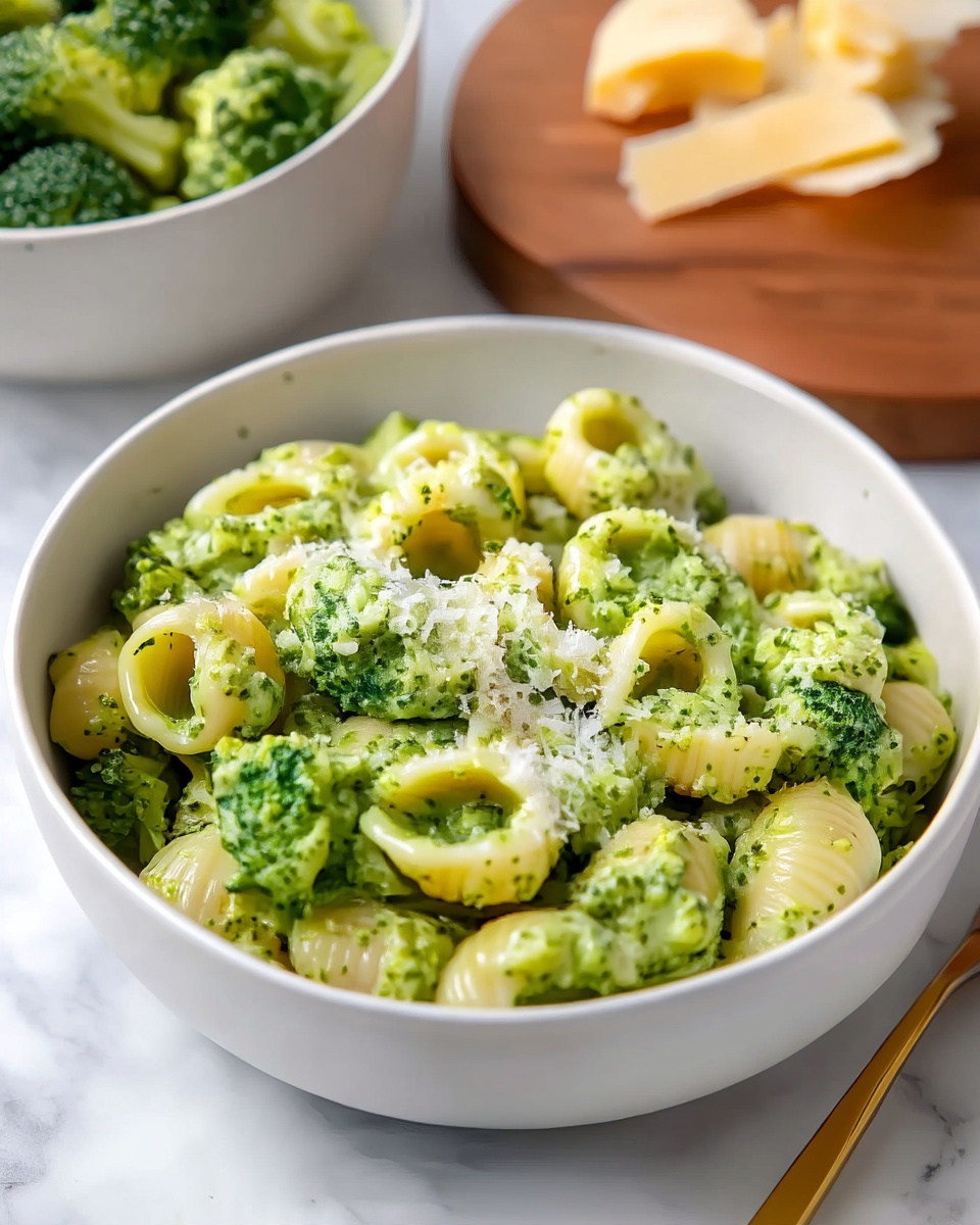 A white bowl filled with light yellow pasta shells mixed evenly with a thick green broccoli sauce that covers most of the pasta surfaces. The pasta is topped with a sprinkling of finely grated white cheese, adding a soft textured layer on top. The bowl is placed on a white marbled surface, with part of another white bowl containing more broccoli in the background. A wooden cutting board with light yellow cheese blocks is slightly visible in the top right corner. Photo taken with an iphone --ar 4:5 --v 7
