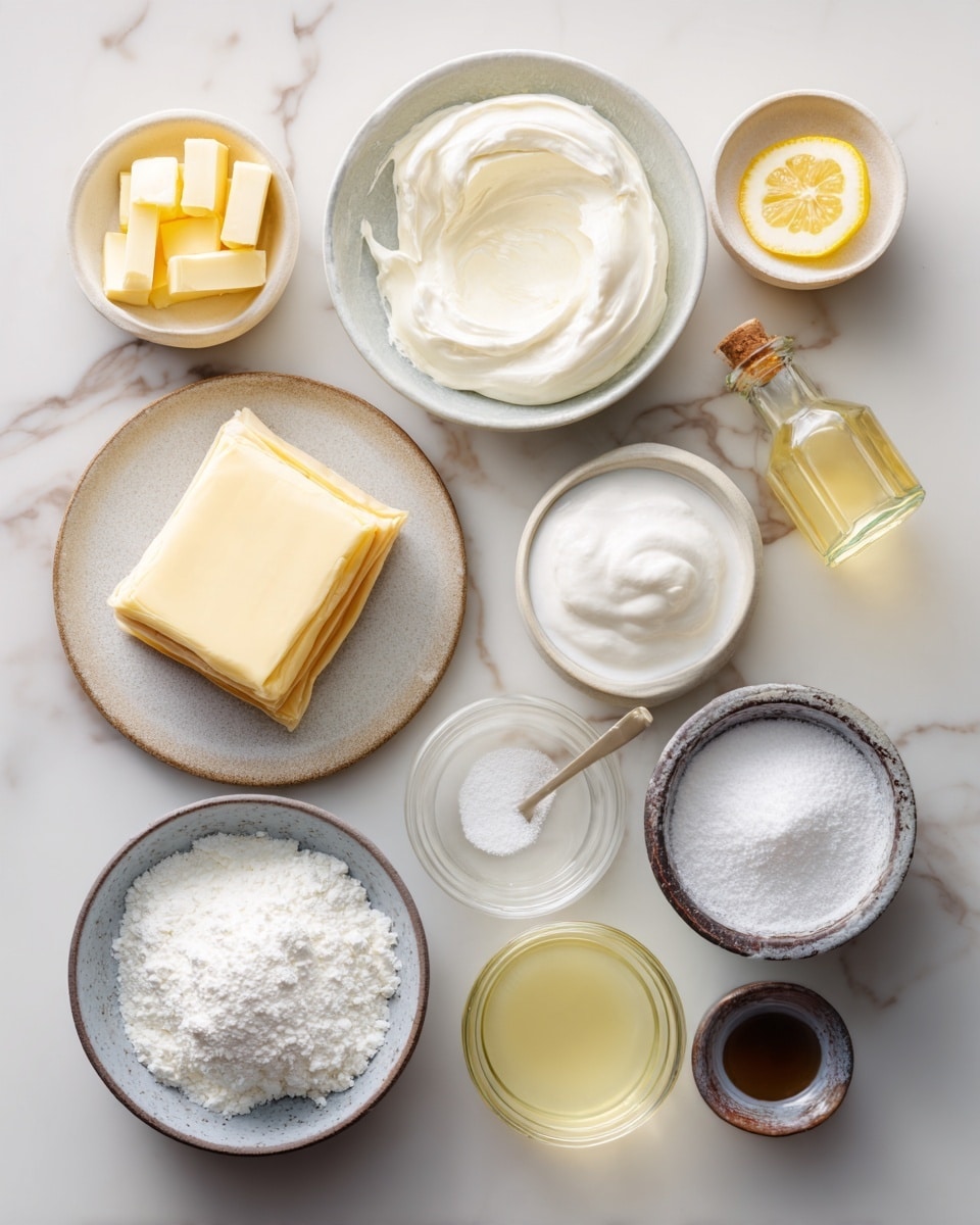 Top-down professional food photography, flat lay style, bright white marble countertop, neatly arranged, evenly spaced, tidy, clean organized layout, include: sheet of thawed puff pastry on a small plate, bowl of softened cream cheese, small bowl of white sugar, small glass cup of lemon juice, bottle of vanilla flavoring, bowl of thawed whipped topping, small bowl of confectioners' sugar, bright soft natural lighting, sharp focus, high detail textures, realistic reflections, professional DSLR look, 4K, no finished dish, no cooked food, no hands, no text, no watermark, no brand logos --ar 4:5 --v 7