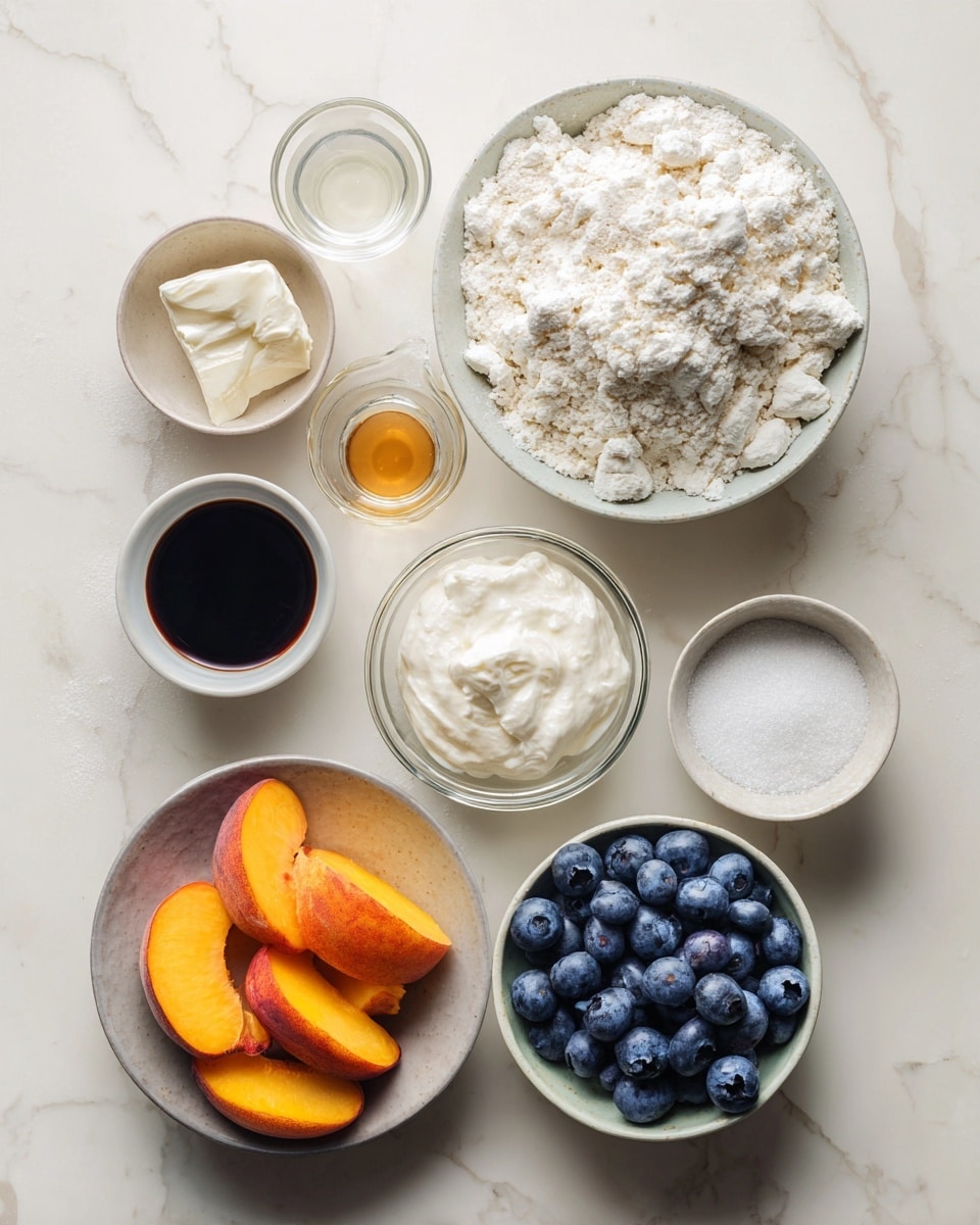 Top-down professional food photography flat lay style, bright white marble countertop, neatly arranged, evenly spaced, tidy, clean organized layout, include: bowl of puff pastry dough, small bowl of vegan cream cheese, small glass cup of light agave nectar, small glass cup of vanilla flavoring, small glass cup of melted vegan butter, small bowl of organic cane sugar, shallow bowl of sliced fresh peaches, small bowl of fresh blueberries, bright soft natural lighting, sharp focus, high detail textures, realistic reflections, professional DSLR look, 4K, no finished dish, no cooked food, no hands, no text, no watermark, no brand logos --ar 4:5 --v 7