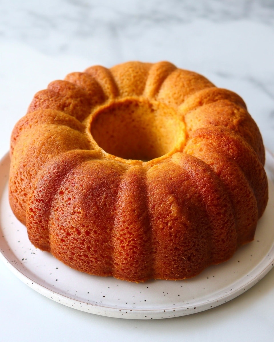 A single golden brown bundt cake with a smooth and slightly rough texture, sitting on a white speckled plate. The cake has deep ridges that form a ring shape with a hollow center. It is placed on a white marbled surface, and the lighting highlights the cake’s warm, baked color evenly. photo taken with an iphone --ar 4:5 --v 7