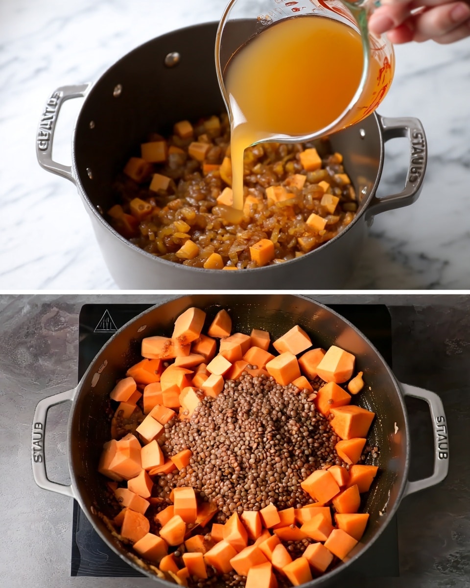 The images show a large black cooking pot on a white marbled surface. Inside the pot, there are three visible layers: at the bottom, caramelized small diced onions with a golden brown color; on top of that, a layer of orange sweet potato chunks scattered evenly; and in the center, a mound of small round brown lentils placed on the sweet potatoes. The second image shows a woman's hand holding a glass measuring cup pouring a clear orange broth over the sweet potatoes and lentils inside the same pot. The pot has two handles on each side with