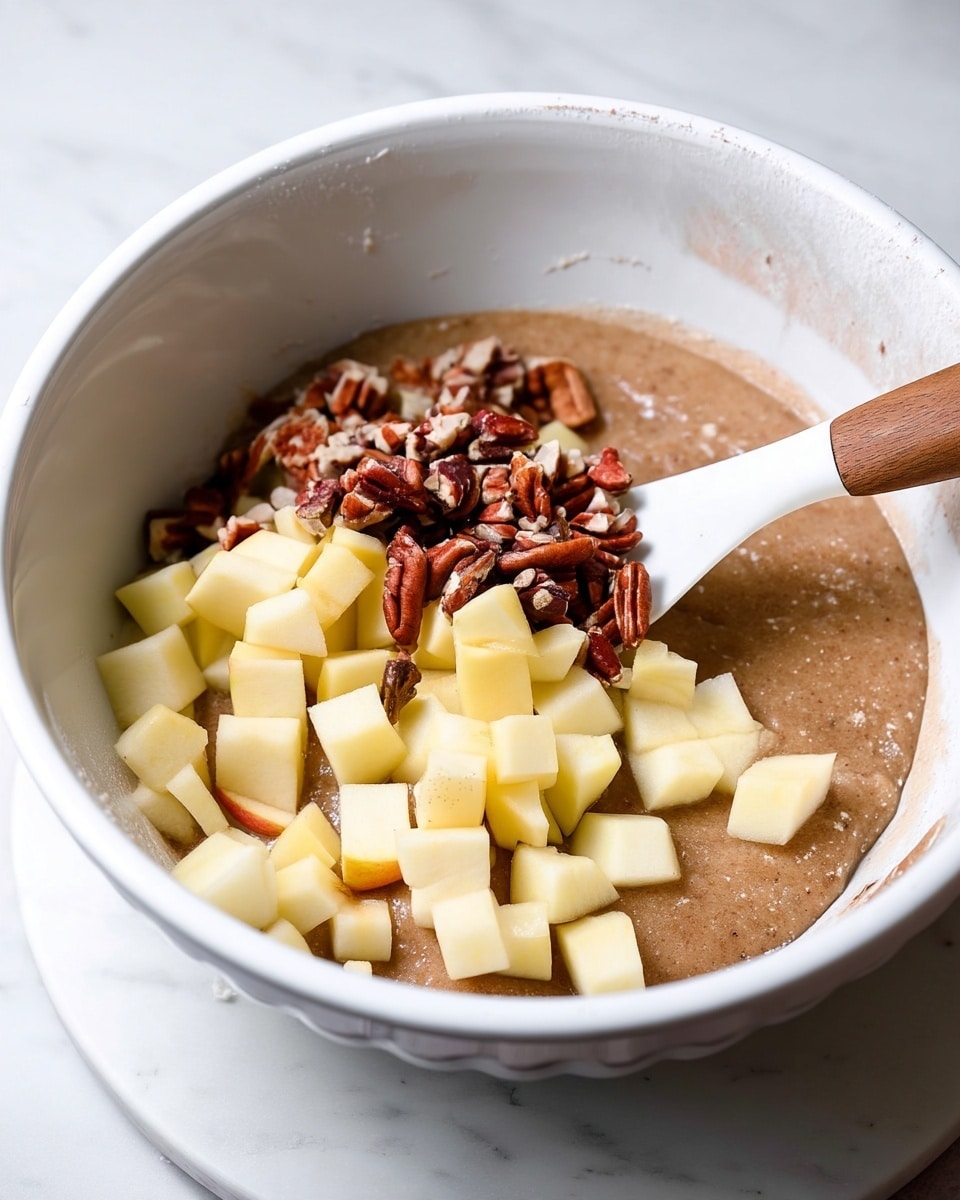 A white bowl holds a thick light brown batter as the base layer, with a heap of small pale yellow cubes of apple placed on one side, and a pile of chopped dark brown pecans on top of the apples; a white spatula with a wooden handle is partially dipped into the batter near the nuts and apples, resting against the bowl’s inner edge, while the bowl sits on a white marbled surface photo taken with an iphone --ar 4:5 --v 7
