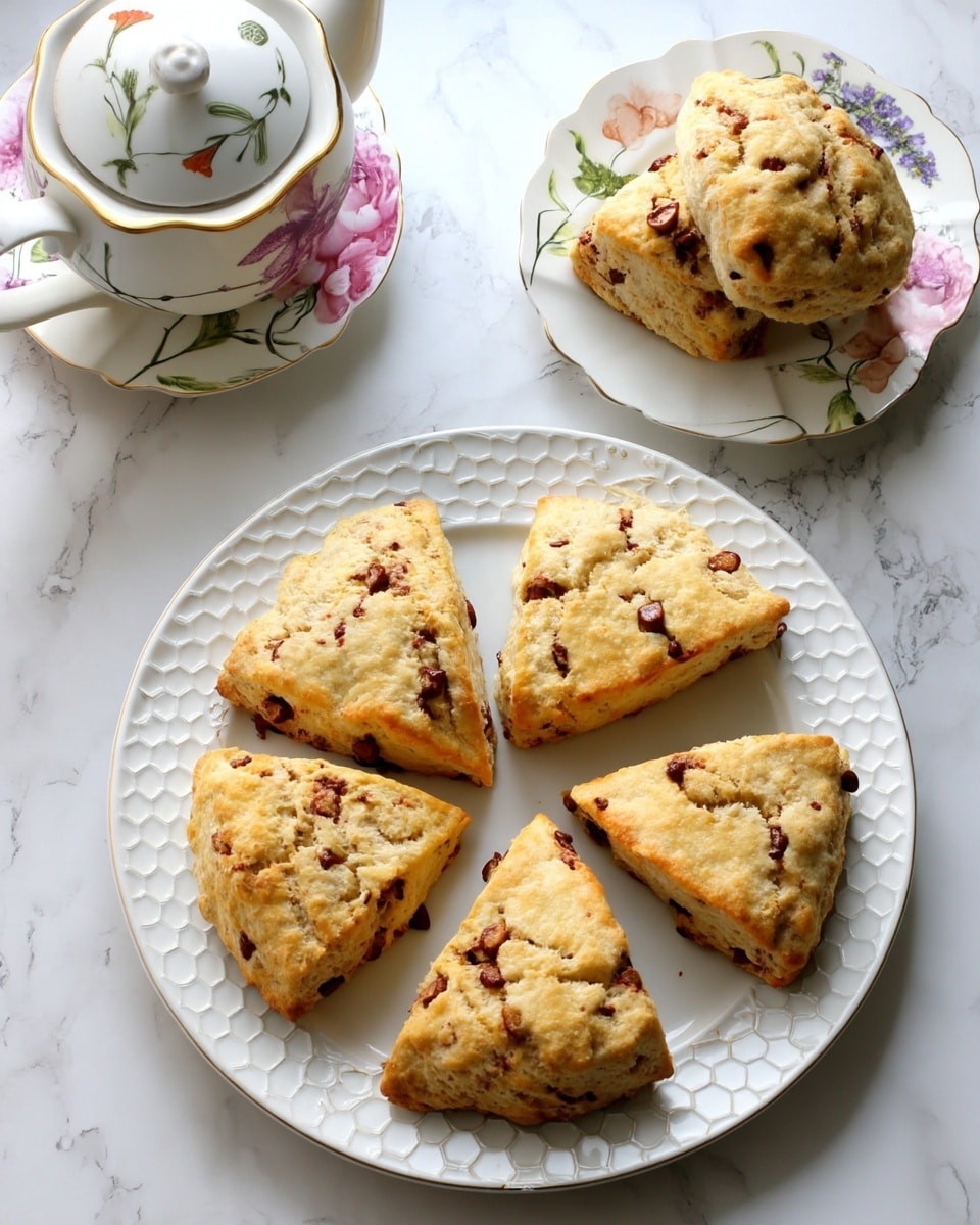 Five golden-brown scones with visible chocolate chip pieces are arranged in a circle on a white decorative plate with a honeycomb and vine pattern on the rim, placed on a white marbled surface. Next to it, a smaller white floral plate holds two scones stacked on top of each other. A white floral teapot with a lid and a matching milk jug with a floral pattern are also visible in the top left corner. The setup is simple and elegant, showing a cozy tea time arrangement. photo taken with an iphone --ar 4:5 --v 7