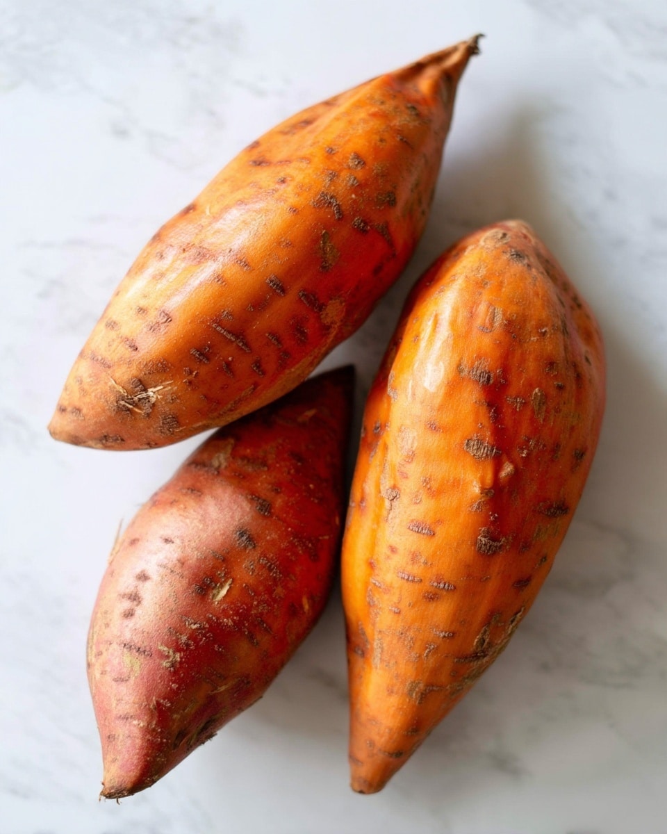 Three raw sweet potatoes lie on a white marbled surface. Each sweet potato is long and thick, with orange skin covered in small brown spots and rough textures. They are arranged in a loose triangular shape with some space between them. The lighting highlights their slightly shiny and uneven surfaces. Photo taken with an iphone --ar 4:5 --v 7