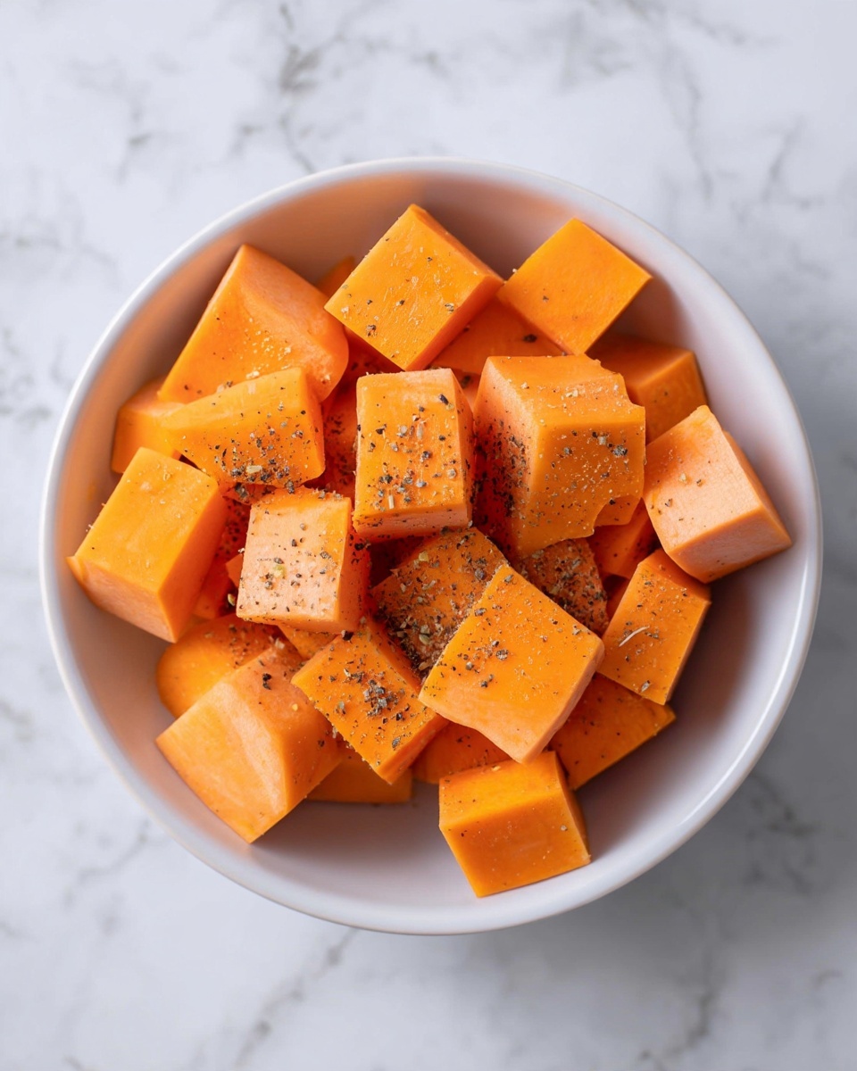 A white bowl filled with several evenly cut cubes of orange sweet potato, lightly sprinkled with black pepper. The cubes are piled loosely in the center of the bowl, each having smooth and firm surfaces. The bowl is placed on a white marbled textured surface with soft natural lighting. Photo taken with an iphone --ar 4:5 --v 7