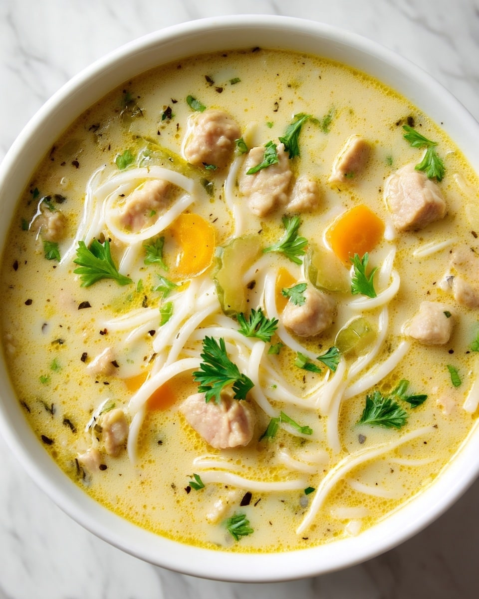 A close-up view of a creamy soup in a round white bowl, showing three main layers: the creamy yellow broth with a smooth texture forming the base, floating small white noodle strips that create thin, curved lines across the surface, and soft light beige chunks of meat and light green celery slices scattered in the soup. There are a few orange carrot slices adding bright spots, along with small green parsley leaves sprinkled on top. The bowl rests on a white marbled surface, with soft natural light highlighting the rich, comforting colors and textures of the soup. photo taken with an iphone --ar 4:5 --v 7