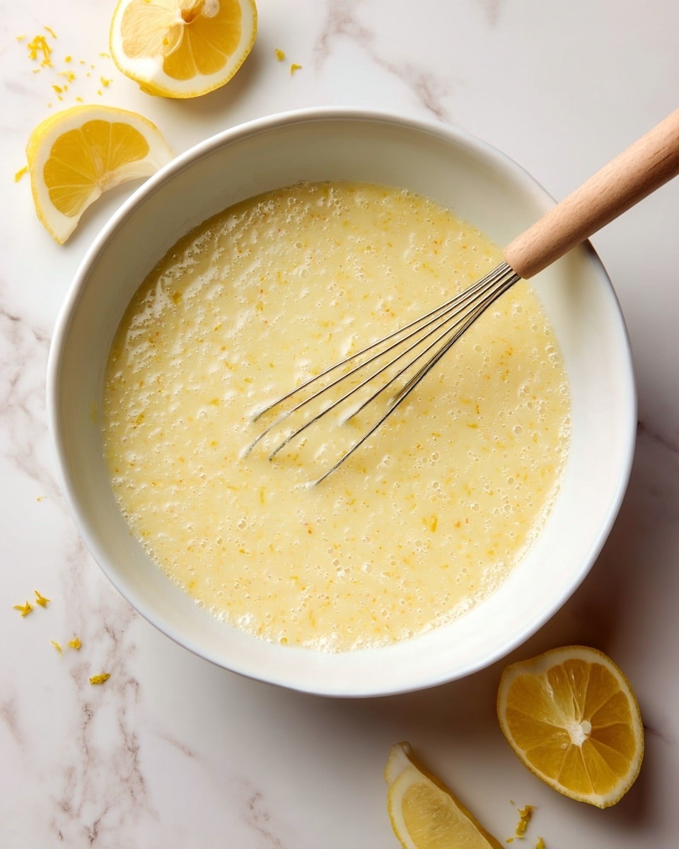 A white bowl filled with a pale yellow liquid mixture that looks creamy and slightly grainy, with tiny flecks of lemon zest visible throughout. Inside the bowl, there is a small whisk with a light wooden handle resting diagonally. The bowl is placed on a white marbled surface, and to the top left and top right of the bowl, there are lemon wedges adding a fresh touch to the scene. The overall lighting is soft and natural, highlighting the texture of the liquid and the smooth surface of the bowl photo taken with an iphone --ar 4:5 --v 7