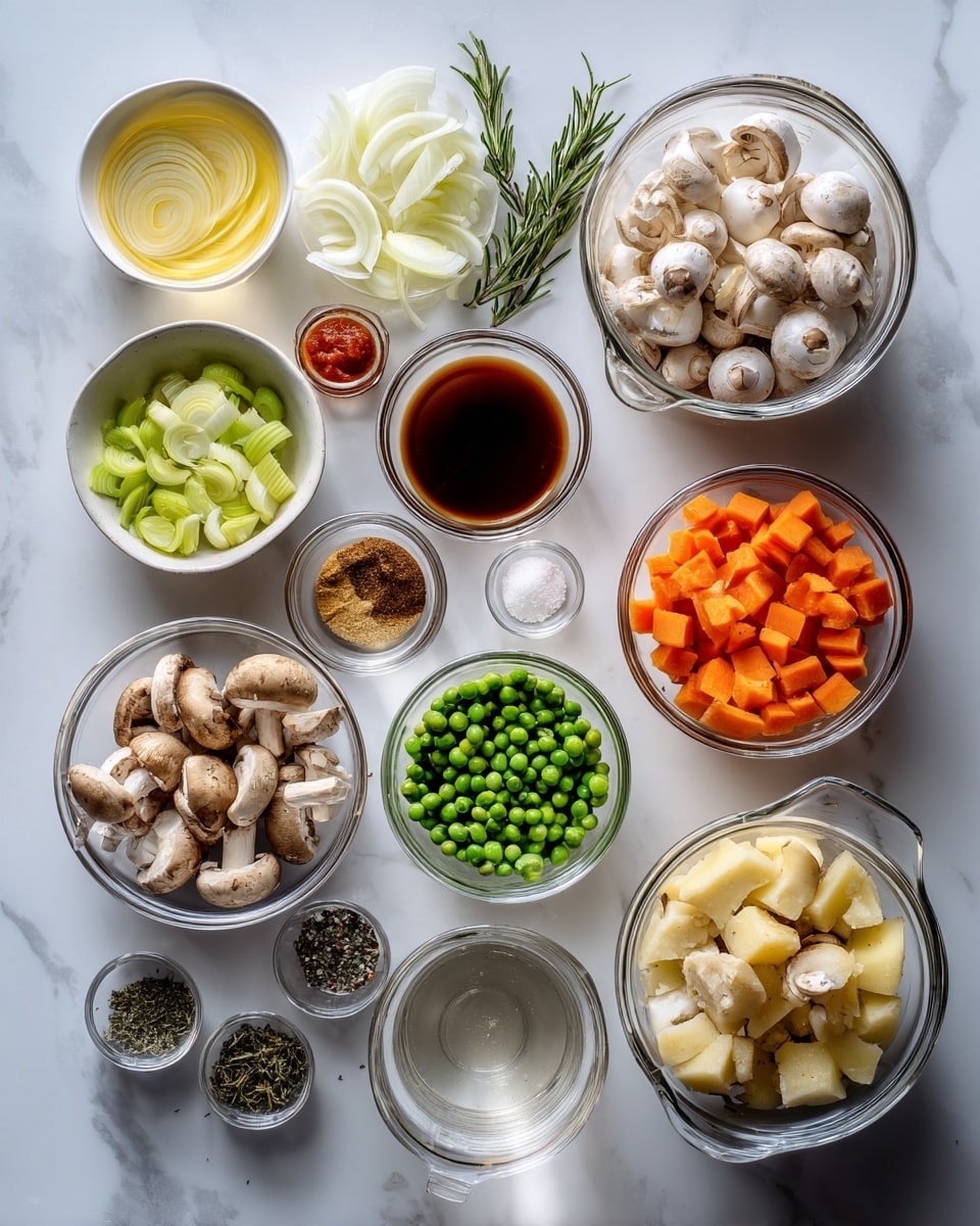 Top-down professional food photography flat lay style, bright white marble countertop, neatly arranged, evenly spaced, tidy, clean organized layout, include: small bowl of sliced yellow onion halves, small bowl of celery chunks, small bowl of carrot chunks, small bowl of minced garlic, small bowl of whole and chunked mushrooms, glass measuring cup of homemade vegetable broth, small glass cup of thinned tomato paste, small glass cup of low-sodium tamari, small bowl of peeled or unpeeled potato chunks, small bowl of mixed Italian herbs, small bowl of chopped fresh rosemary, small bowl of thawed frozen peas, small bowl of smoked paprika powder, small glass cup of water, small bowls of salt and black pepper, bright soft natural lighting, sharp focus, high detail textures, realistic reflections, professional DSLR look, 4K, no finished dish, no cooked food, no hands, no text, no watermark, no brand logos --ar 4:5 --v 7