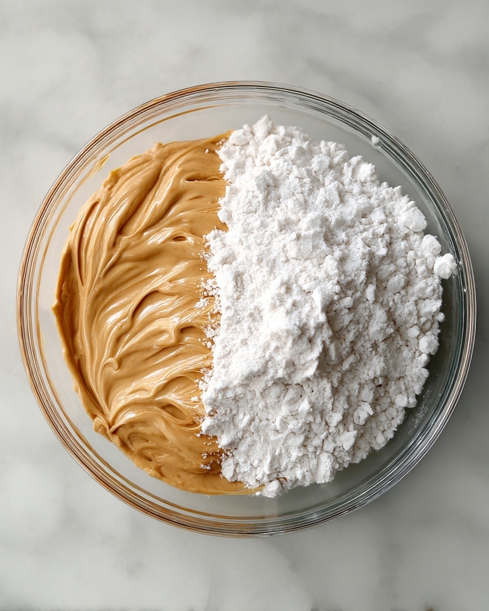 A clear glass bowl sits on a white marbled surface, holding two distinct layers side by side. On the left, there is a thick, smooth, light brown creamy mixture with a shiny texture. On the right, a mound of fine, powdery white flour-like substance contrasts sharply with the creamy layer. The two textures meet in the center without mixing. Photo taken with an iphone --ar 4:5 --v 7