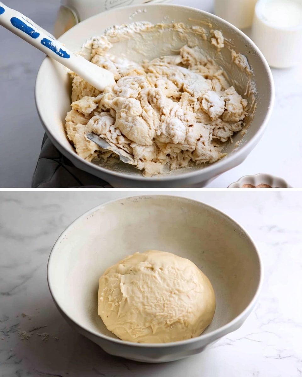 In the first image, there is a white bowl filled with rough, uneven dough mixture that looks sticky with bits of flour still visible on the surface and sides of the bowl; a white spatula with a blue edge is partially buried in the dough on the left side. In the second image, the same white bowl holds a smooth, round dough ball with a soft, even texture and a pale beige color, resting on a clean white marbled surface with clear edges of the bowl visible. Photo taken with an iphone --ar 4:5 --v 7