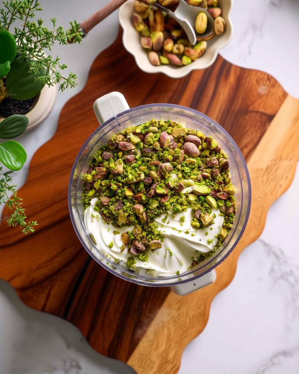 A clear food processor bowl filled with whole and chopped pistachios in green and brown shades, layered on top of a few dollops of white creamy substance. The food processor sits on a wooden cutting board with soft, rounded edges. To the top left, there is a white ruffled bowl holding more pistachios with a wooden spoon resting inside. The background is a white marbled surface with a green plant on the left side. Photo taken with an iphone --ar 4:5 --v 7