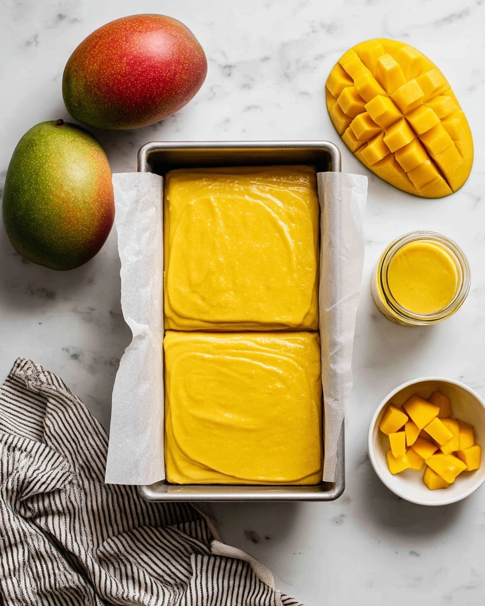 A rectangular metal baking pan lined with white parchment paper holds a thick, smooth, bright yellow batter spread evenly in two parts, filling the pan completely. Around the pan, there is a whole mango with red and green skin on the left, a peeled mango with yellow flesh cut in a grid pattern behind the pan, a small clear glass jar filled with yellow sauce on the right, some yellow mango pieces in a small white bowl at the bottom right corner, and a black-and-white striped cloth on the bottom left corner. All items rest on a white marbled surface. photo taken with an iphone --ar 4:5 --v 7