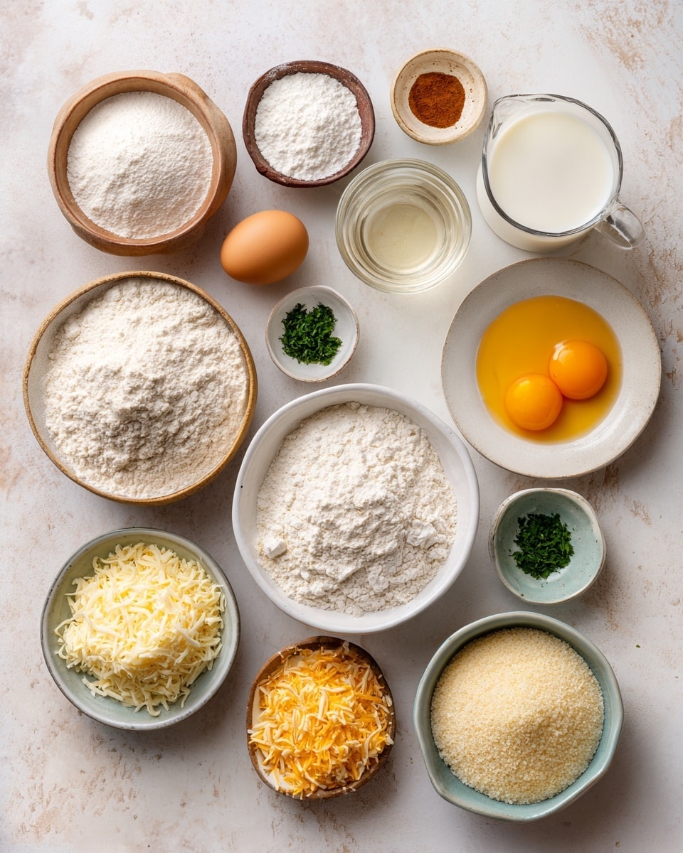Top-down professional food photography, flat lay style, bright white marble countertop, neatly arranged, evenly spaced, tidy, clean organized layout, include: bowl of gluten free all purpose flour blend with xanthan gum, small bowl of tapioca starch, small bowl of psyllium husk powder, small bowl of instant yeast, small bowl of sugar, small bowl of fine sea salt, glass measuring cup of warm milk, small glass cup of warm water, small plate with melted butter, small plate with large egg, small glass cup of apple cider vinegar, small plate with melted butter mixed with garlic powder, bowl of shredded mozzarella cheese, bowl of shredded cheddar cheese, small bowl of chopped parsley, bright soft natural lighting, sharp focus, high detail textures, realistic reflections, professional DSLR look, 4K, no finished dish, no cooked food, no hands, no text, no watermark, no brand logos --ar 4:5 --v 7
