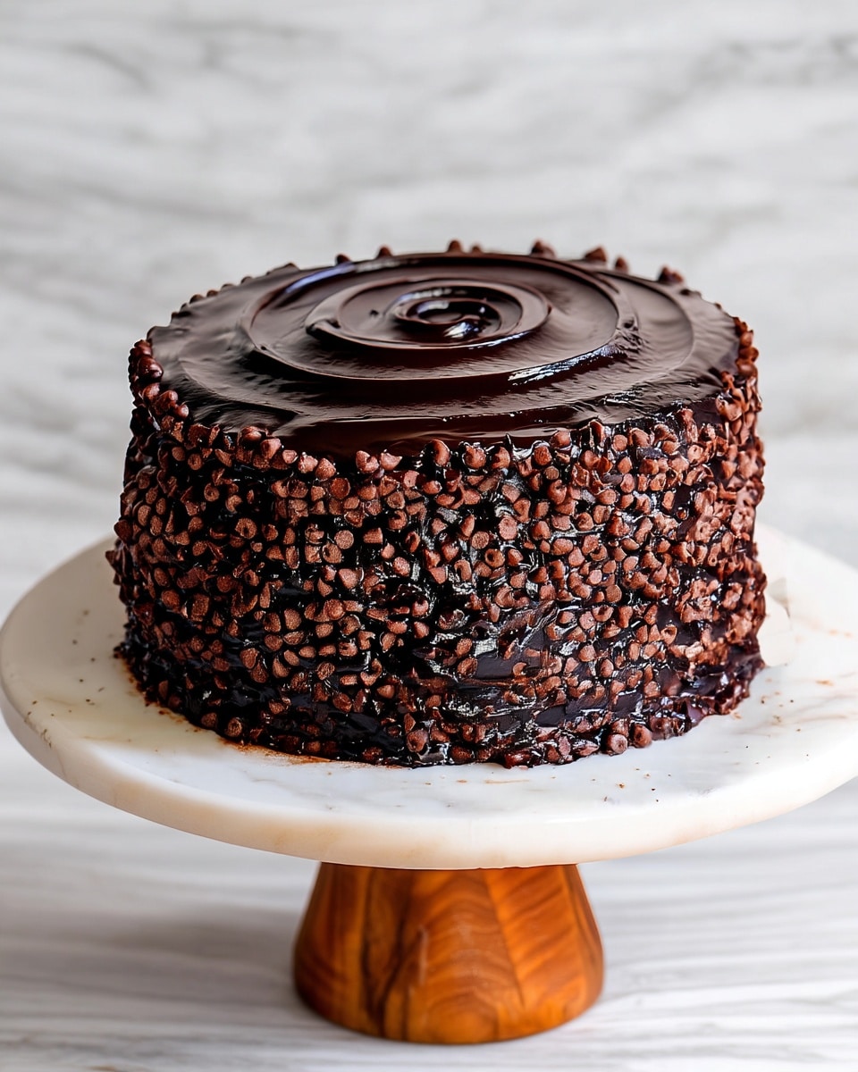 A round chocolate cake with two visible layers covered in smooth dark chocolate frosting forms the base. The side of the cake is thickly coated with many small, shiny chocolate chips giving a bumpy texture. The top has a glossy dark chocolate swirl pattern, creating a slight spiral starting from the center and going outward. The cake sits on a white marble cake stand with a wooden base, and the background is a soft white marbled texture. photo taken with an iphone --ar 4:5 --v 7