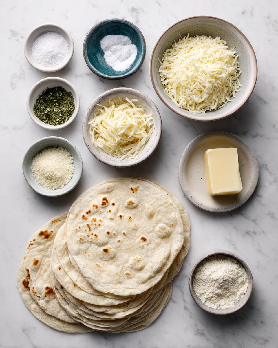 Top-down professional food photography, flat lay style, bright white marble countertop, neatly arranged, evenly spaced, tidy, clean organized layout, include: bowl of large flour tortillas, small bowl of shredded mozzarella cheese, small bowl of grated Parmesan cheese, small plate of melted unsalted butter, small bowl of minced garlic, small bowl of dried parsley, small bowl of garlic powder, small bowl of salt, bright soft natural lighting, sharp focus, high detail textures, realistic reflections, professional DSLR look, 4K, no finished dish, no cooked food, no hands, no text, no watermark, no brand logos --ar 4:5 --v 7