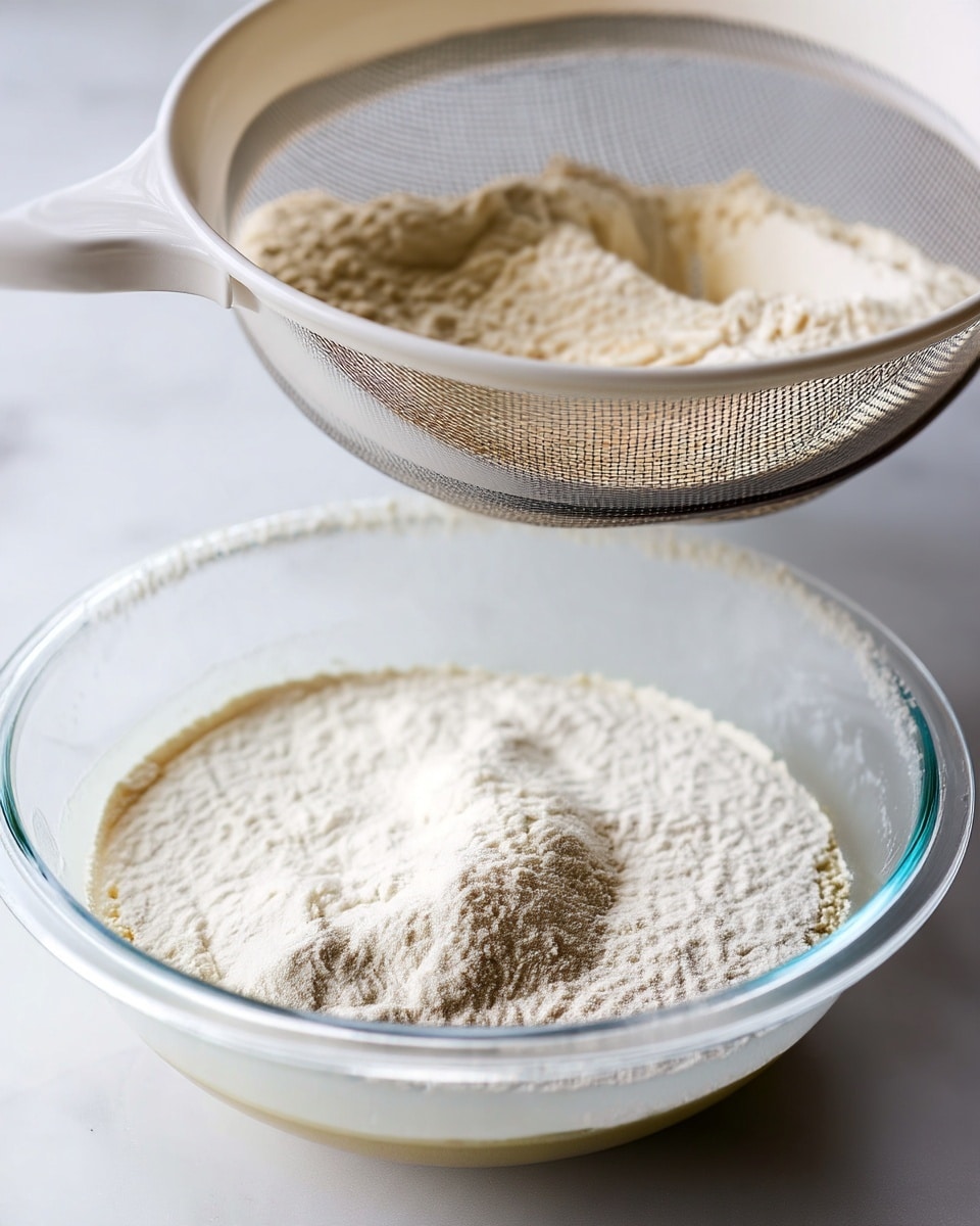 A close-up of two layers: on top, a white fine mesh sieve holding a light beige powder above; below, a clear glass bowl filled with a smooth white powder piled softly in a small mound at the center. The background is a white marbled texture. photo taken with an iphone --ar 4:5 --v 7