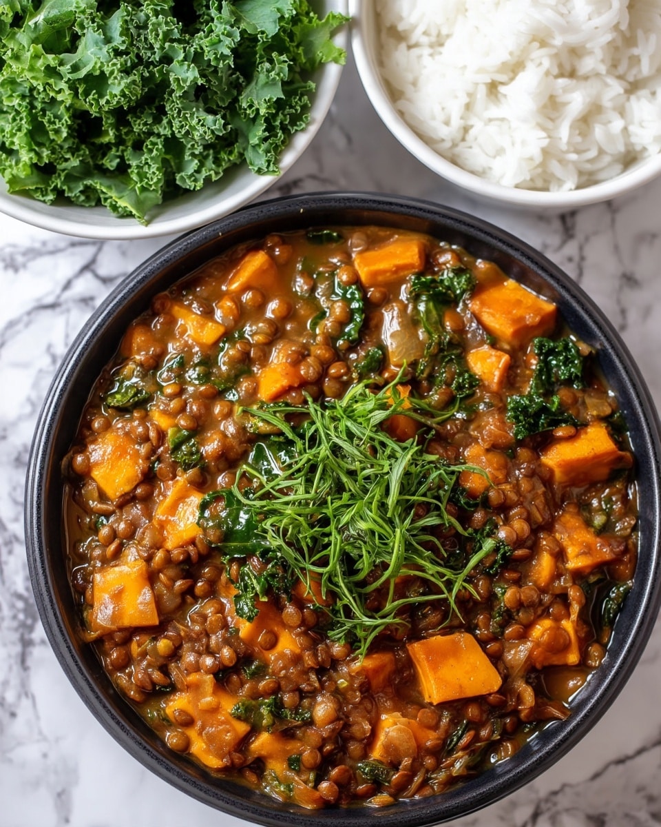 The image shows a black bowl filled with a thick stew featuring layers of lentils, orange chunks of sweet potato, and green kale leaves mixed throughout. The stew is rich and slightly glossy with a warm brown color in the sauce that coats all the ingredients. In the background, there are two white bowls—one filled with fresh green kale and the other with white rice. The entire setup rests on a white marbled texture. photo taken with an iphone --ar 4:5 --v 7