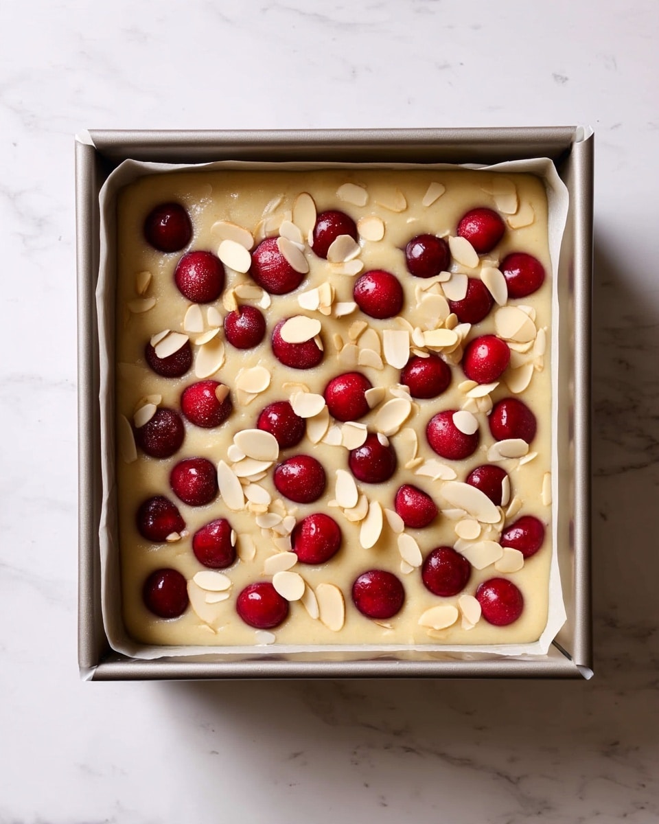 The image shows a single layer of light beige cake batter spread evenly inside a rectangular metal baking pan lined with parchment paper, placed on a white marbled surface. On top of the batter, there is a scattered layer of whole red cherries with a matte finish and a topping of thin, flat, off-white almond slices, both spread evenly over the surface, adding texture and color contrast. The cherries are slightly sunken into the batter, and the almond slices rest lightly on top, creating a visually balanced and inviting pre-baked dessert. Photo taken with an iphone --ar 4:5 --v 7