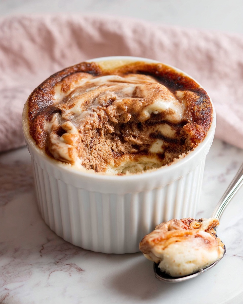 A white ramekin filled with a soft, light beige baked dessert with swirls of darker brown cinnamon, showing a textured, slightly fluffy center where a scoop has been taken out. The dessert has visible layers of cream and cinnamon spice mixture on top, creating a marbled effect. A spoon with a scoop of the same dessert, showing the light beige inside and brown cinnamon swirls on top, lies on a white marbled surface beside the ramekin. The background includes a soft pink cloth. Photo taken with an iphone --ar 4:5 --v 7