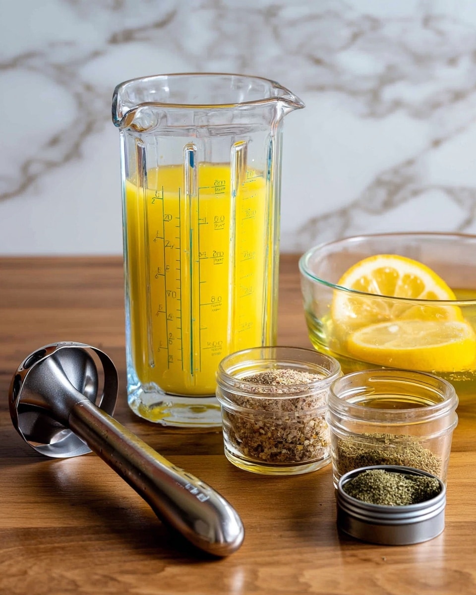 The image shows a clear glass measuring cup filled with a yellow liquid, placed on a wooden surface. In front of the measuring cup lies a silver immersion blender head. To the right, there is a clear glass bowl also holding yellow liquid, with a lemon slice floating inside. Nearby, three small clear containers hold various dry spices: one jar with light brown flakes, a small tin with beige powder, and another small tin with green, leafy herbs. The background has white marbled texture. Photo taken with an iphone --ar 4:5 --v 7