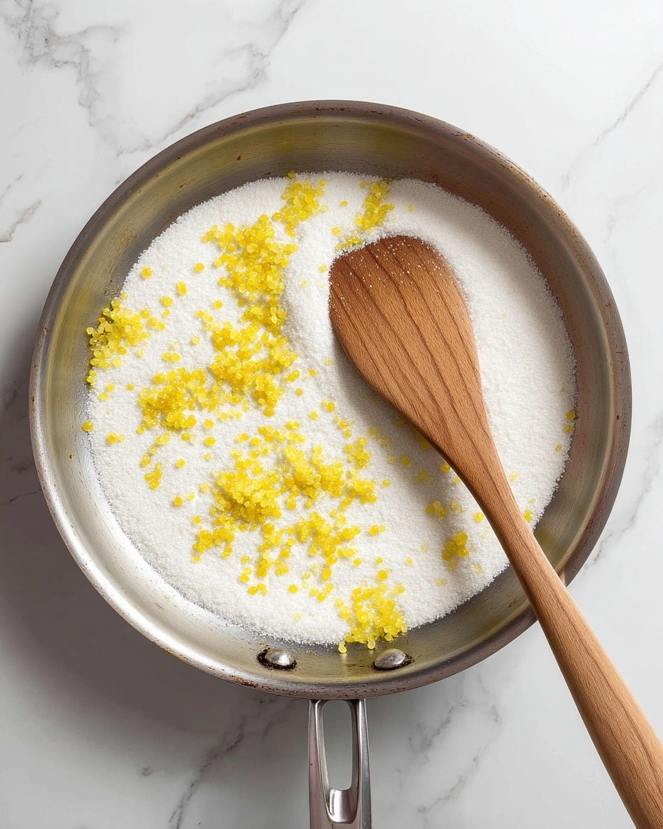 A shiny metal pan on a stove contains a layer of white granulated sugar with small yellow lumps scattered on top. A wooden spatula with a smooth texture rests inside the pan, partially covered by the sugar, angled to the left. The background and surface are white with a marbled texture, and the stove burners are visible under the pan. photo taken with an iphone --ar 4:5 --v 7